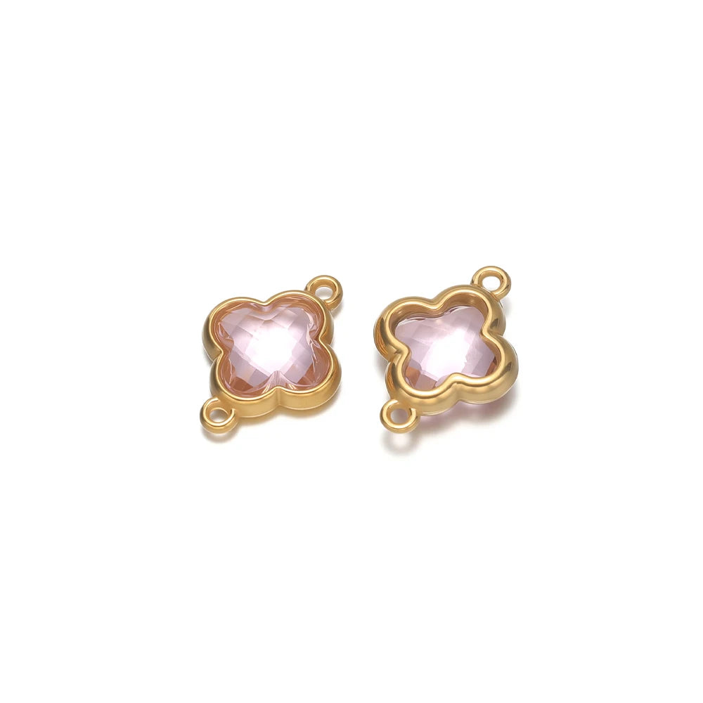 Gold-tone four-leaf clover glass pendant charm connector, light pink