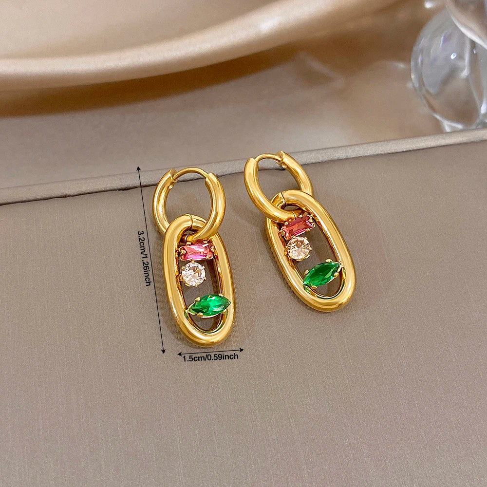 Gold plated hoop earrings with multicolor stones; includes measurement markings in view