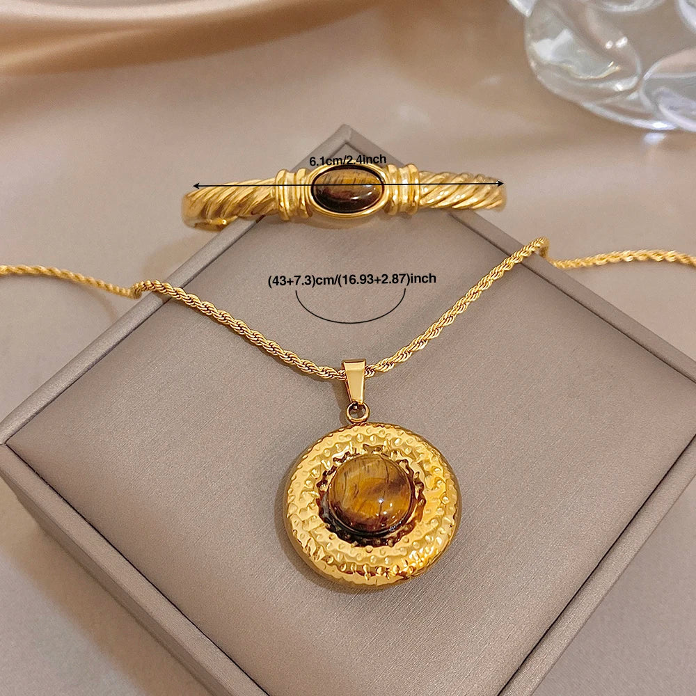 Vintage Stone Twisted Cuff Bangle Necklace for Women Chic Gold Plated Stainless Steel Bracelet Necklaces Waterproof Jewelry