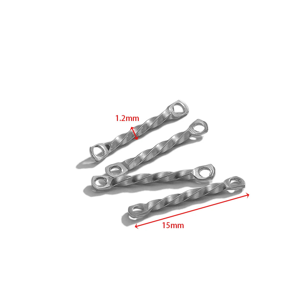 Steel twisted double-hole rod connectors, 15mm long, 1.2mm holes, DIY jewelry parts