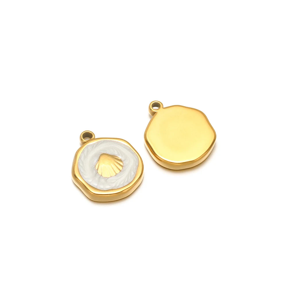 Enamel shell charms set: white scallop motif charm and plain yellow round-face charm