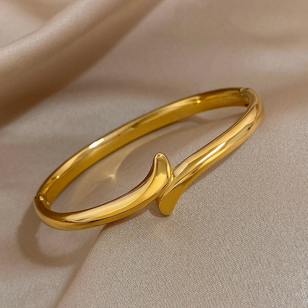 Minimalist Glossy Stainless Steel Cuff Bangle Bracelet for Women Fashion Gold Plated Smooth Bracelets Waterproof Jewelry