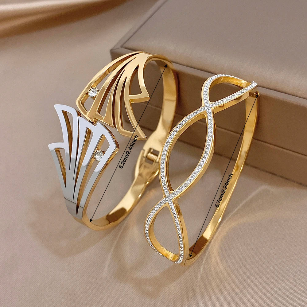 Irregular Gold Plated Stainless Steel Cuff Bangle for Women Exaggerated Geometric Zircon Wide Bracelets Waterproof Jewelry Set