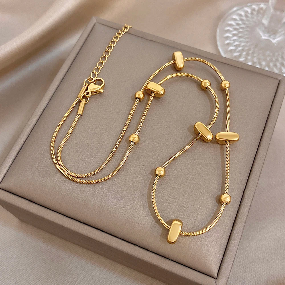 Trendy Gold Plated Stainless Steel Thick Chain Necklace Bracelet Geometric Beads Link Chain Waterproof Necklaces Bracelets