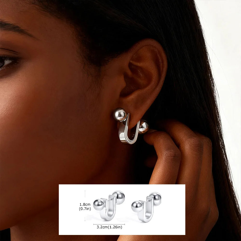 Silver-tone U-shaped drop earrings with polished ball accents.