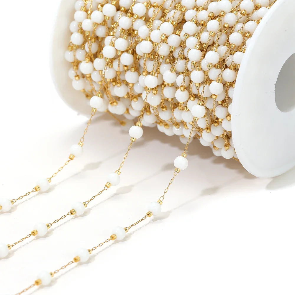 Stainless steel bead chain with gold-tone links and white bead drops, DIY bracelet necklace
