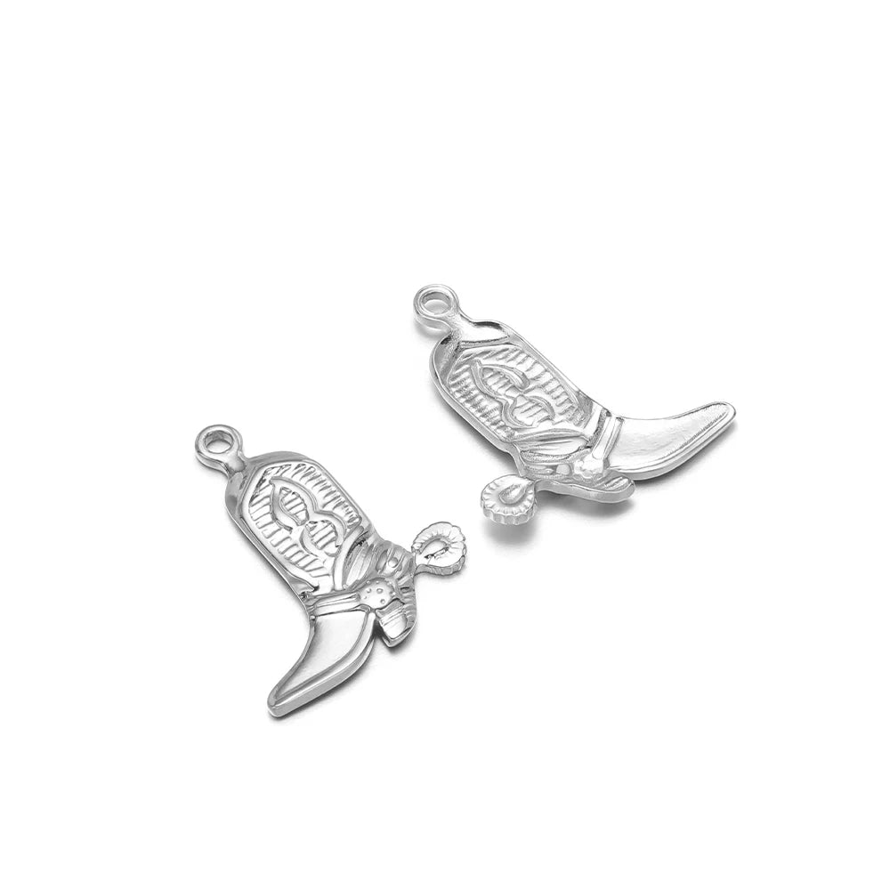 Stainless steel boot charm pendant, silver-tone with loop and small bell detail