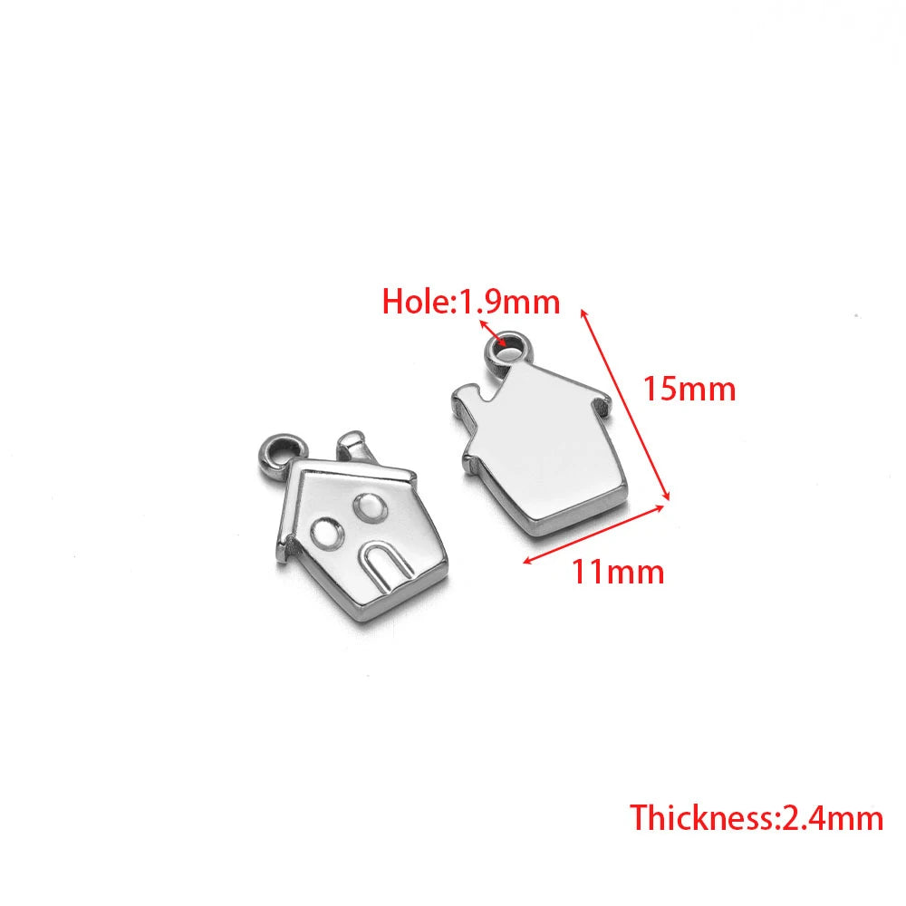 Stainless steel heart and house-shaped charm pendants with loops, 15mm