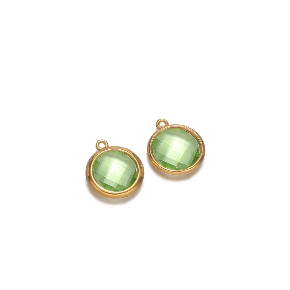 Round faceted light green glass charm with gold-tone loop, for DIY jewelry making