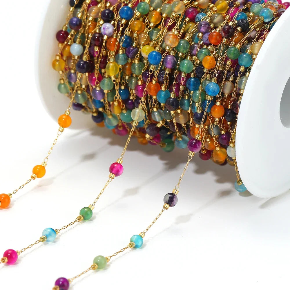 Stainless steel bead chain with gold-tone links and multicolor bead drops for DIY jewelry