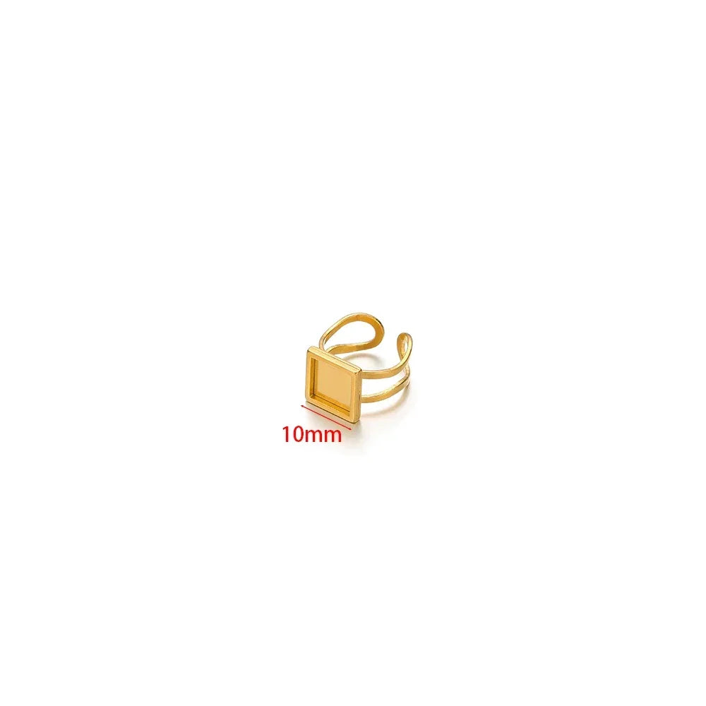 Gold tone square cabochon ring base setting, open back, 10mm