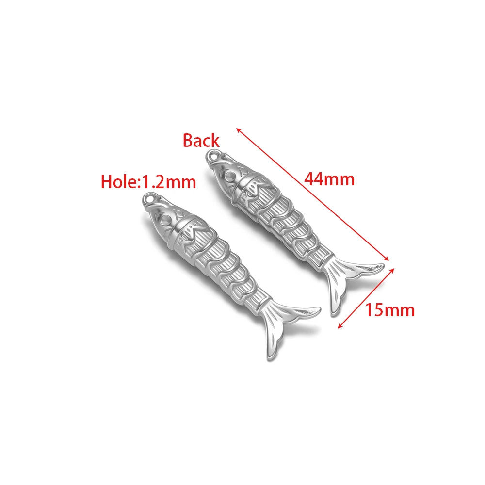 Set of two silver fish charms, 44mm long, 1.2mm hole, 3D metal pendant loops