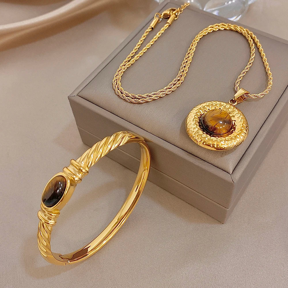 Vintage Stone Twisted Cuff Bangle Necklace for Women Chic Gold Plated Stainless Steel Bracelet Necklaces Waterproof Jewelry