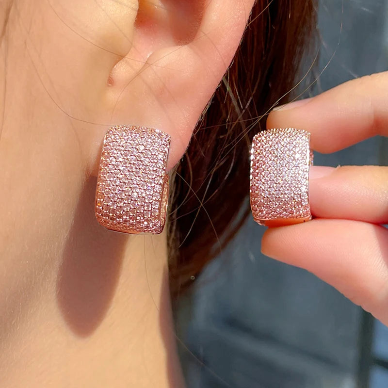 Square cubic zirconia hoop earrings in rose-gold tone, shiny full-stone face