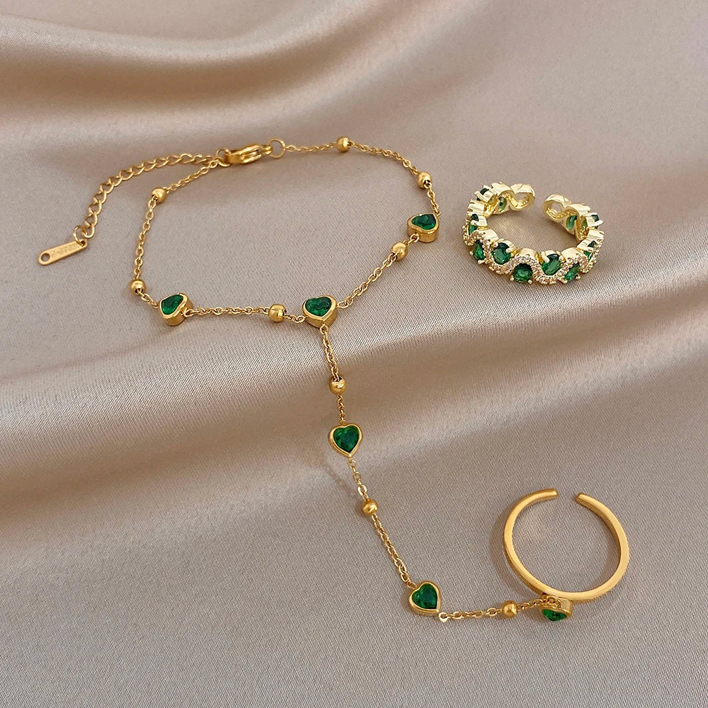 Gold-plated chain bracelet with green heart beads plus ring and cuff pieces