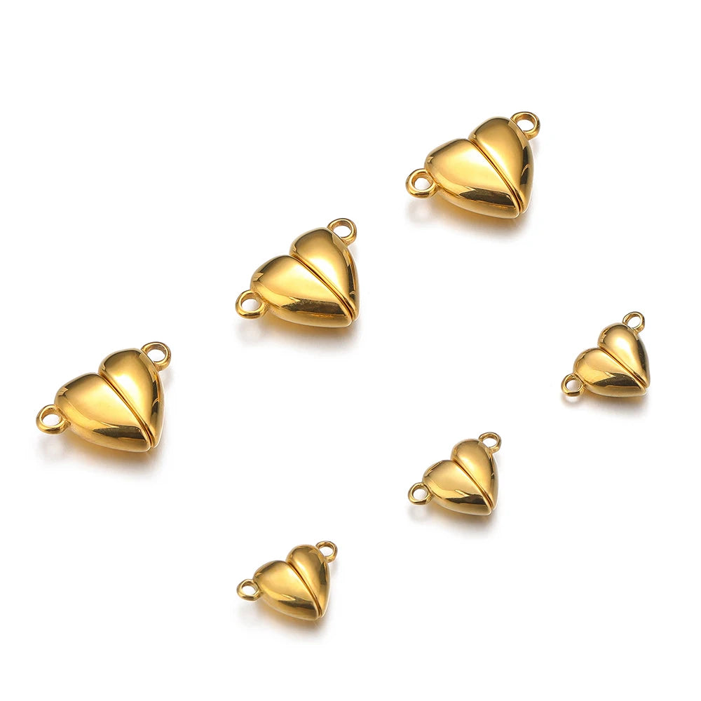Gold heart-shaped magnet clasp connectors, five-piece set with metal loop rings.