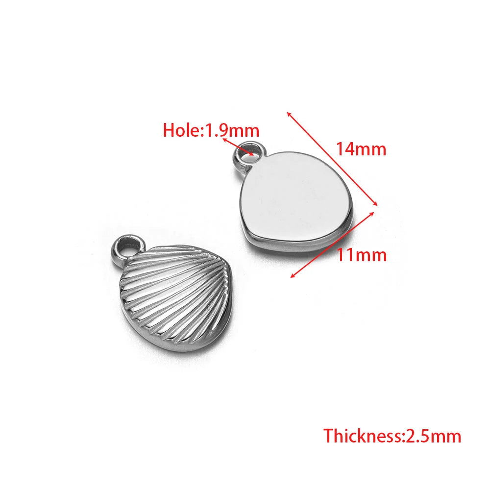 Stainless steel shell and teardrop charms with jump ring holes, silver-tone pair
