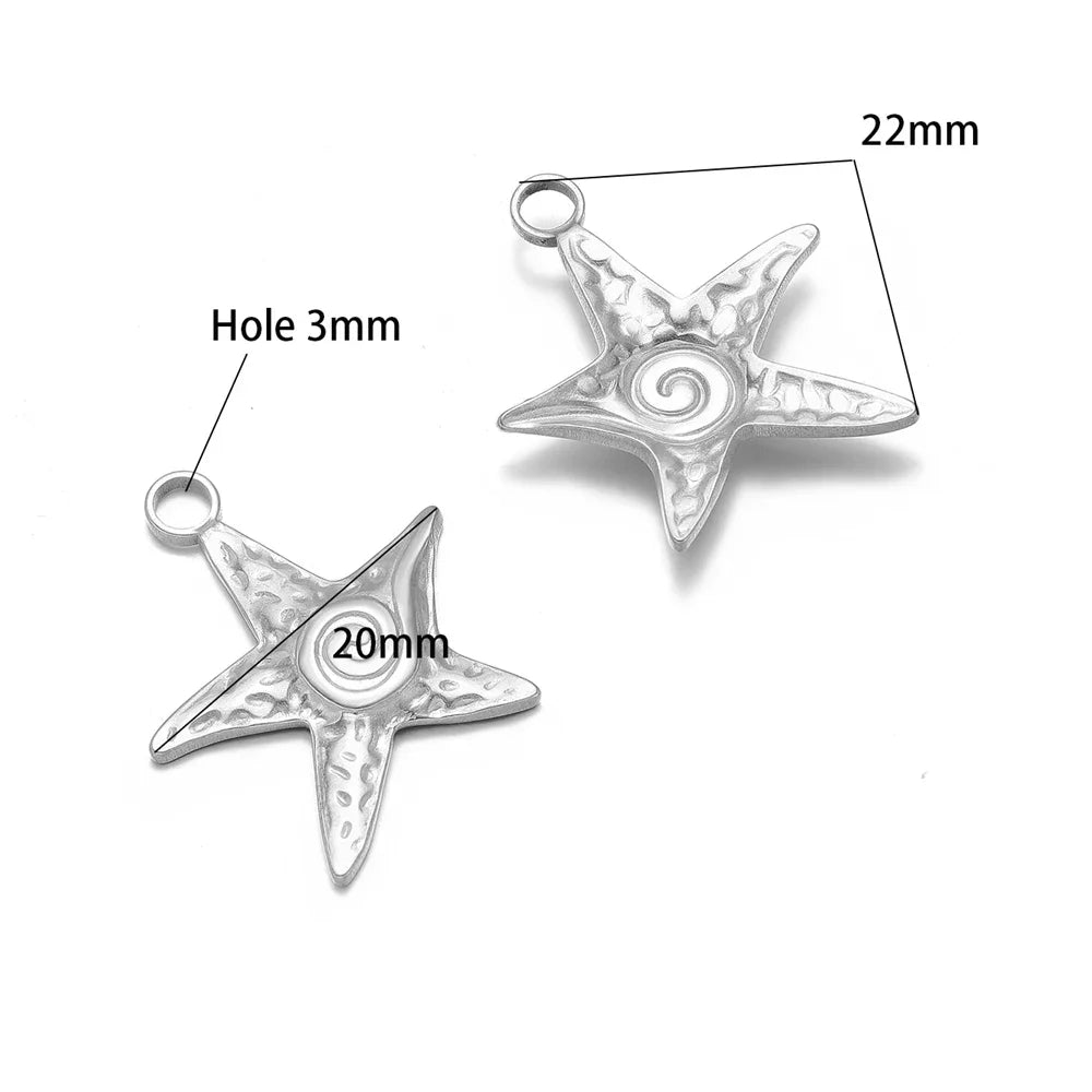 Silver starfish charm pendants, 22mm and 20mm, with 3mm holes