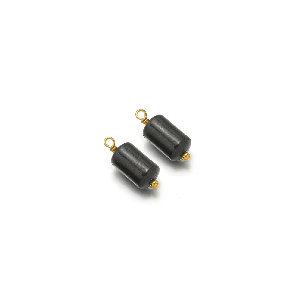 Black cylinder stone charm pendants with gold-tone loops, two-piece view
