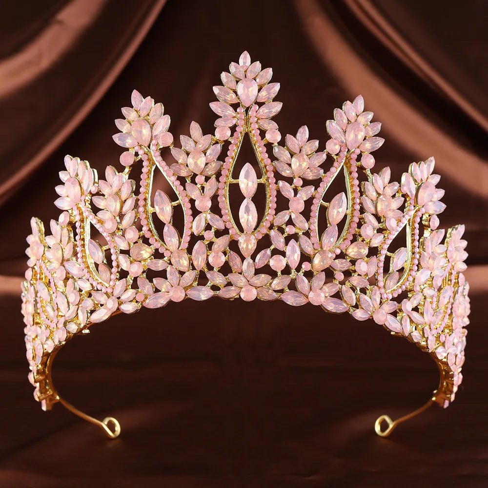 Light pink rhinestone bridal tiara with oval stones and leaf-like crown peaks
