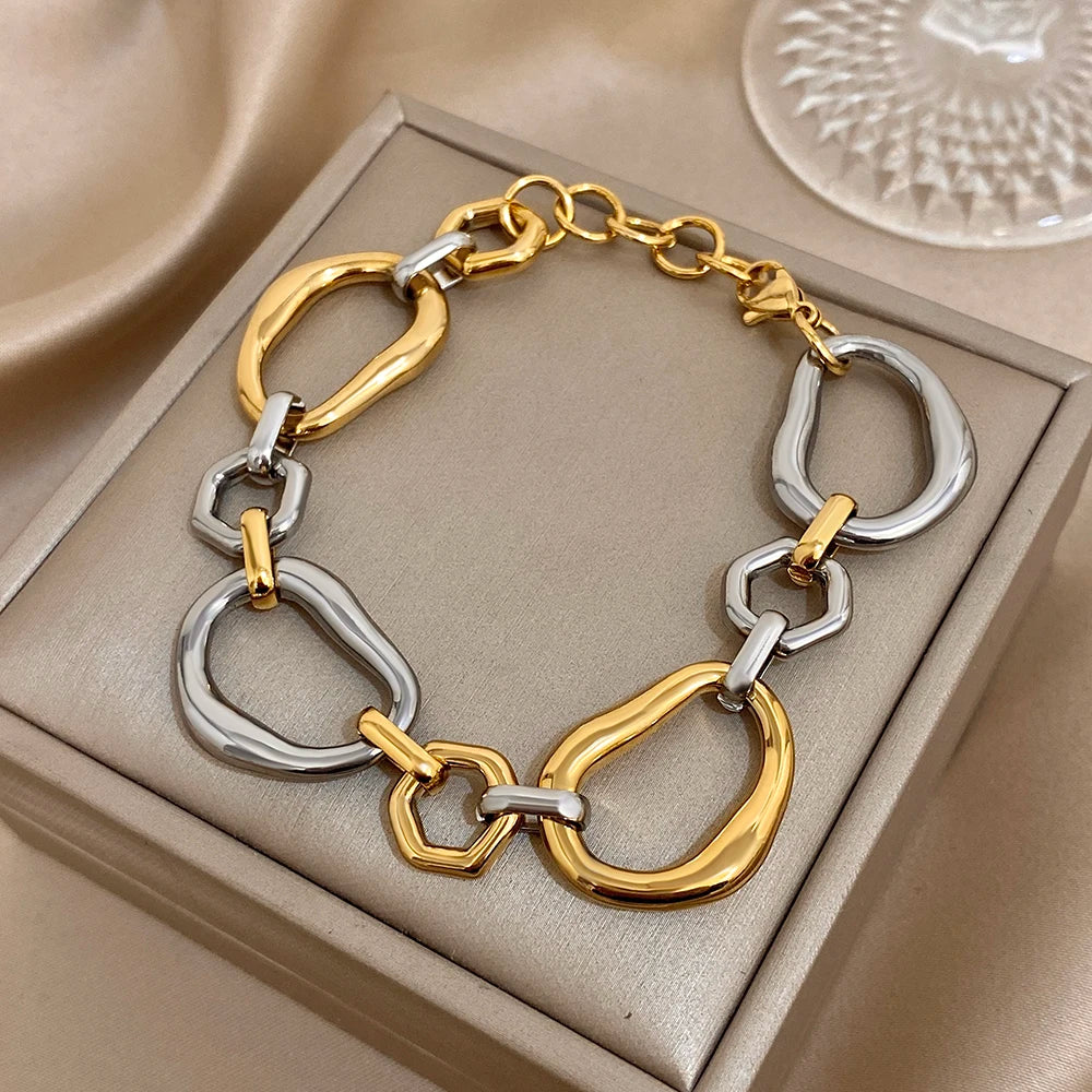 Irregular Geometric Circle Chain Bracelets for Women Fashion Two Tone Stainless Steel Wristband Bracelet Waterproof Jewelry