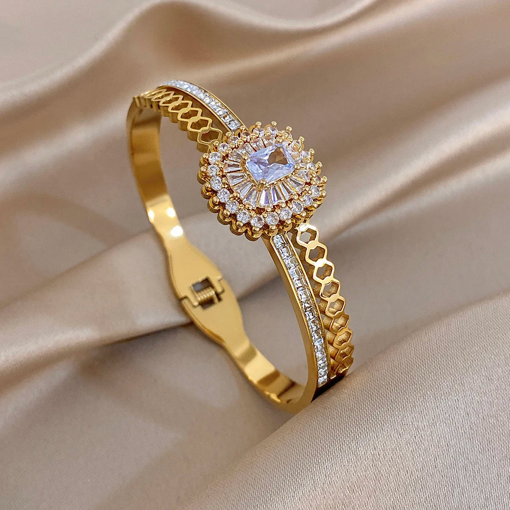 Glossy Gold Plated Cuff Bangle Bracelets for Women Exaggerated Zircon Geometric Stackable Wide Bracelet Waterproof Jewelry