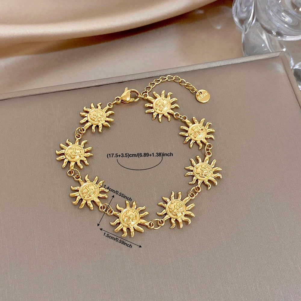 Chic Gold Plated Stainless Steel Bracelet Anklet for Women Fashion Sun Totem Patchwork Bracelets Anklets Waterproof Jewelry