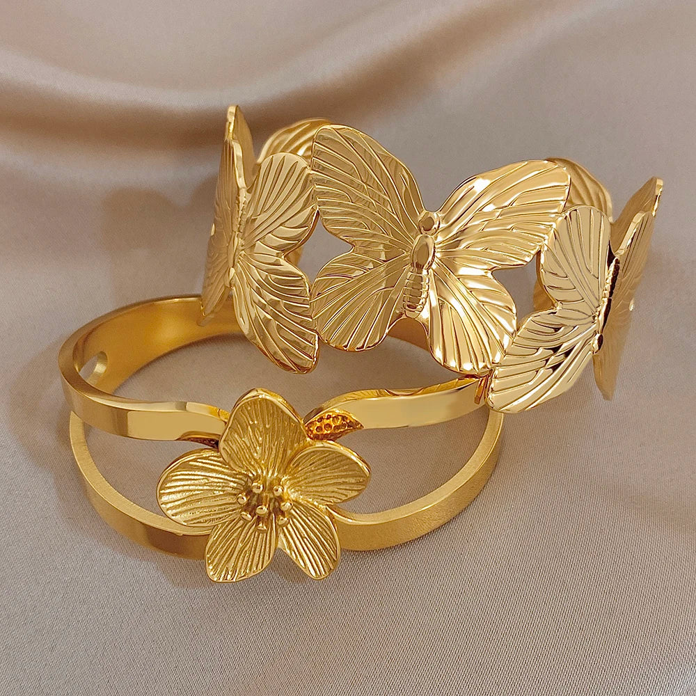 Exaggerated Gold Plated Stainless Steel Cuff Bangle Bracelet for Women Fashion Flower Butterfly Bracelets Waterproof Jewelry Set