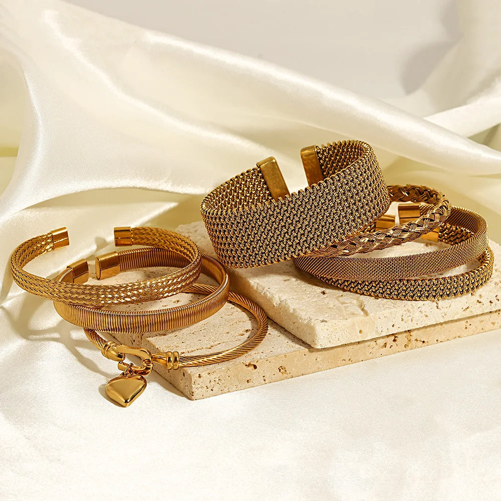 Vintage Gold Plated Stainless Steel Weave Bracelet for Women Men Exquisite Chunky Cuff Bangle Bracelets Waterproof Jewelry