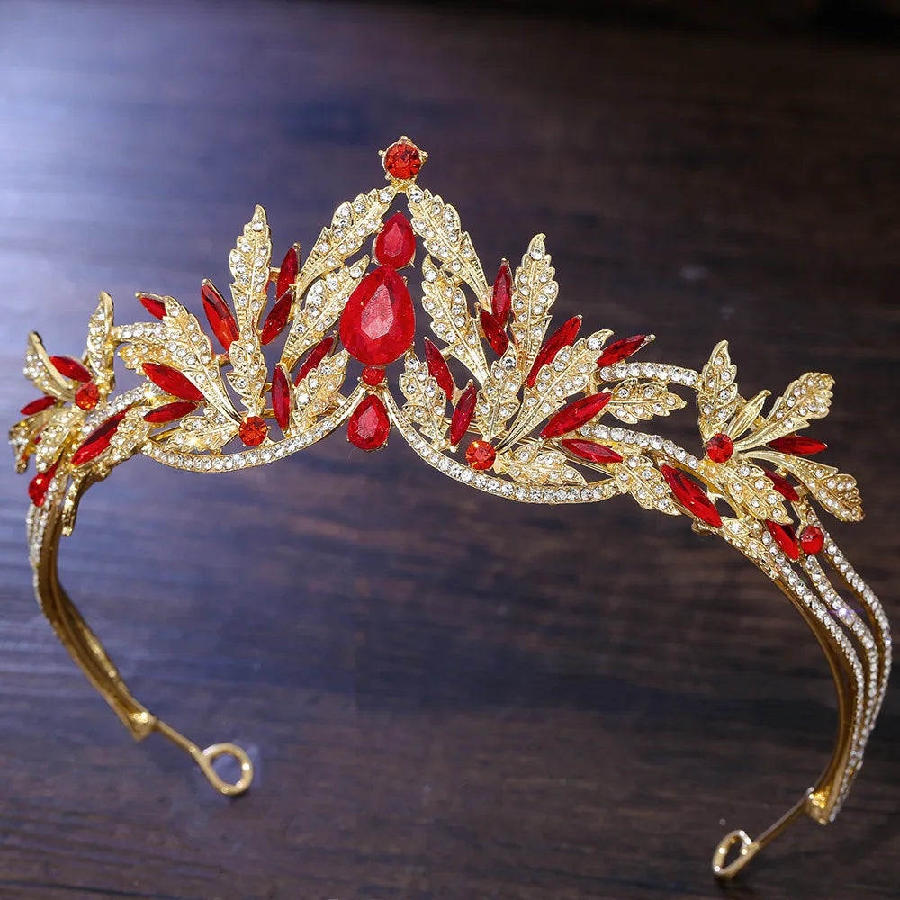 Gold rhinestone tiara headband with red leaf crystals and ornate floral accents