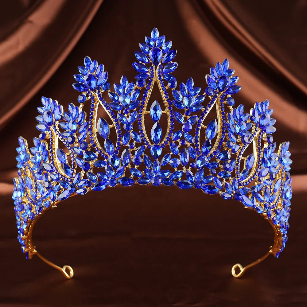 Blue rhinestone tiara with marquise stones and ornate crown with curved band