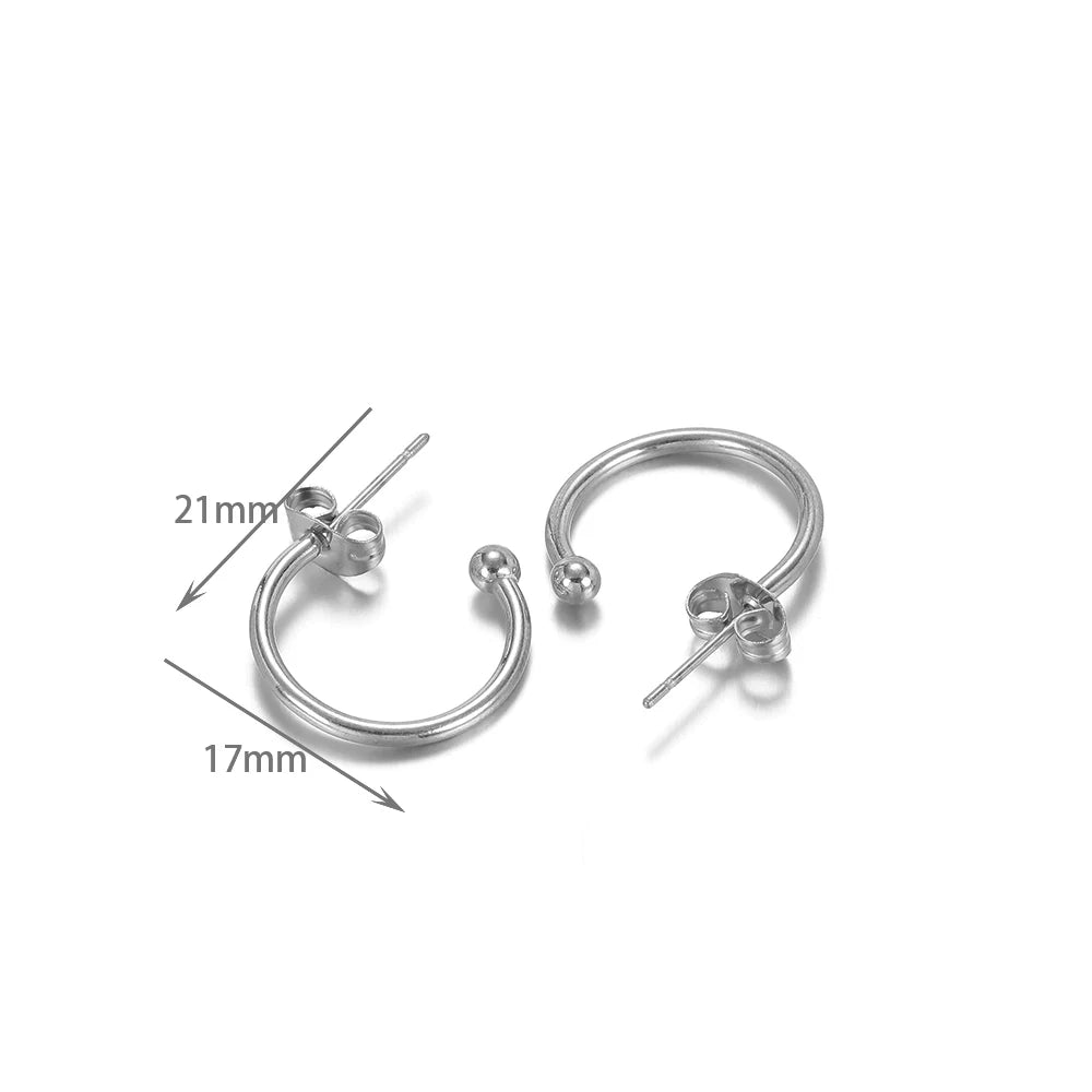 Silver-tone stainless earring hook connectors, 21mm and 17mm size shown with arrows