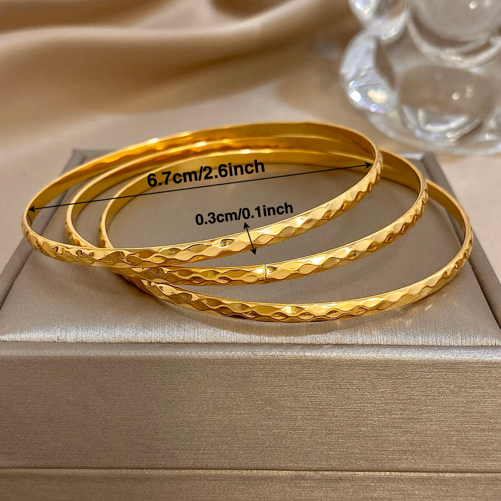 1pc/3pcs Hammered Gold Plated Stainless Steel Bangle for Women Shiny Geometric Slim Stackable Bracelets Waterproof Jewelry