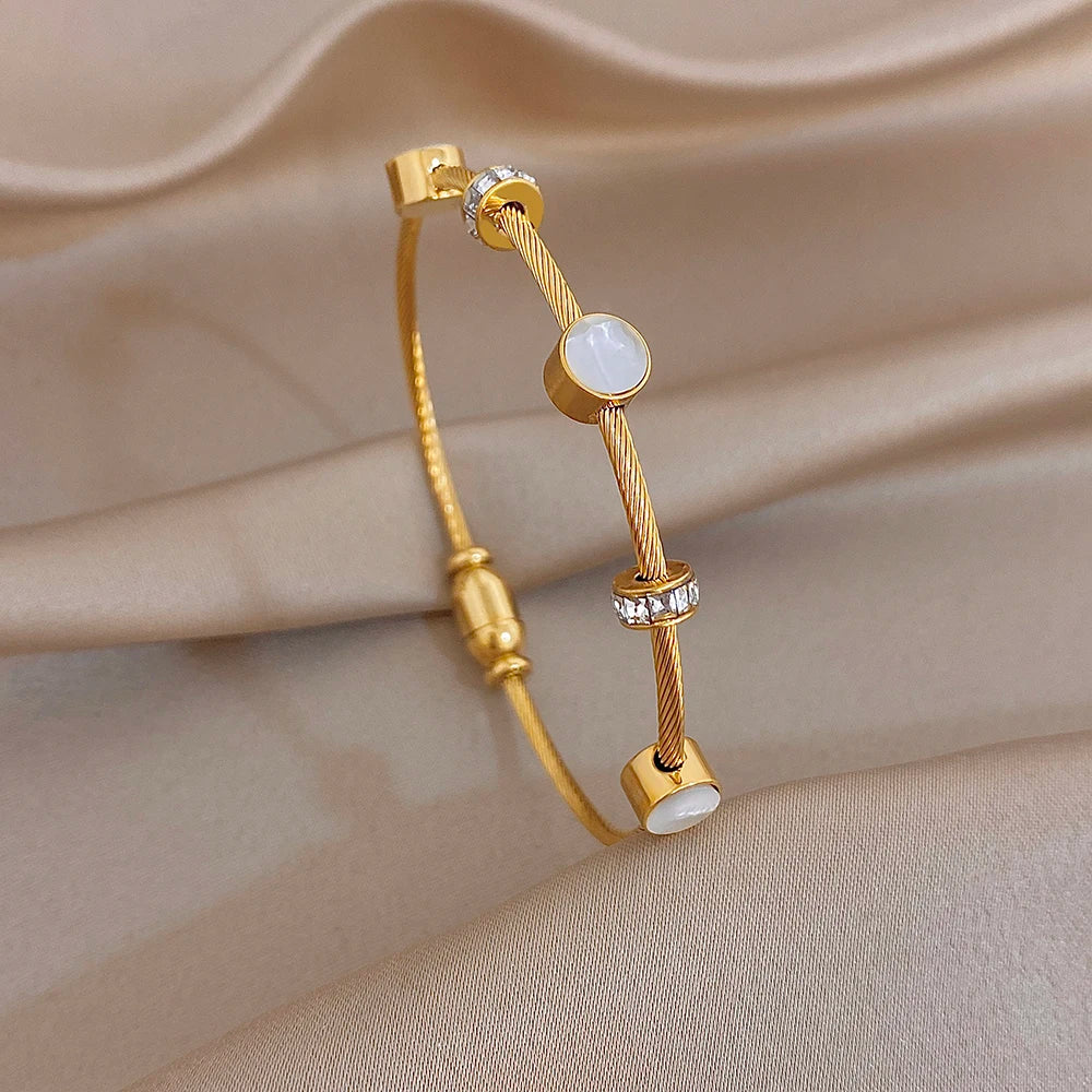 Glossy Gold Plated Stainless Steel Cuff Bangle for Women Chic Zircon Elastic Star Heart Shell Charm Bracelets Waterproof Jewelry