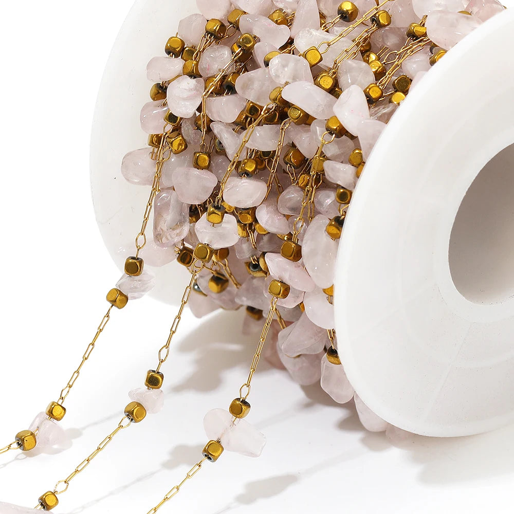 Gold link chain with pink irregular glass stone beads and dangling chain for DIY