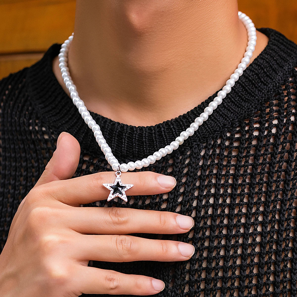 Trendy Beads Choker Necklaces Imitation Pearl with Stars Pendant for Men