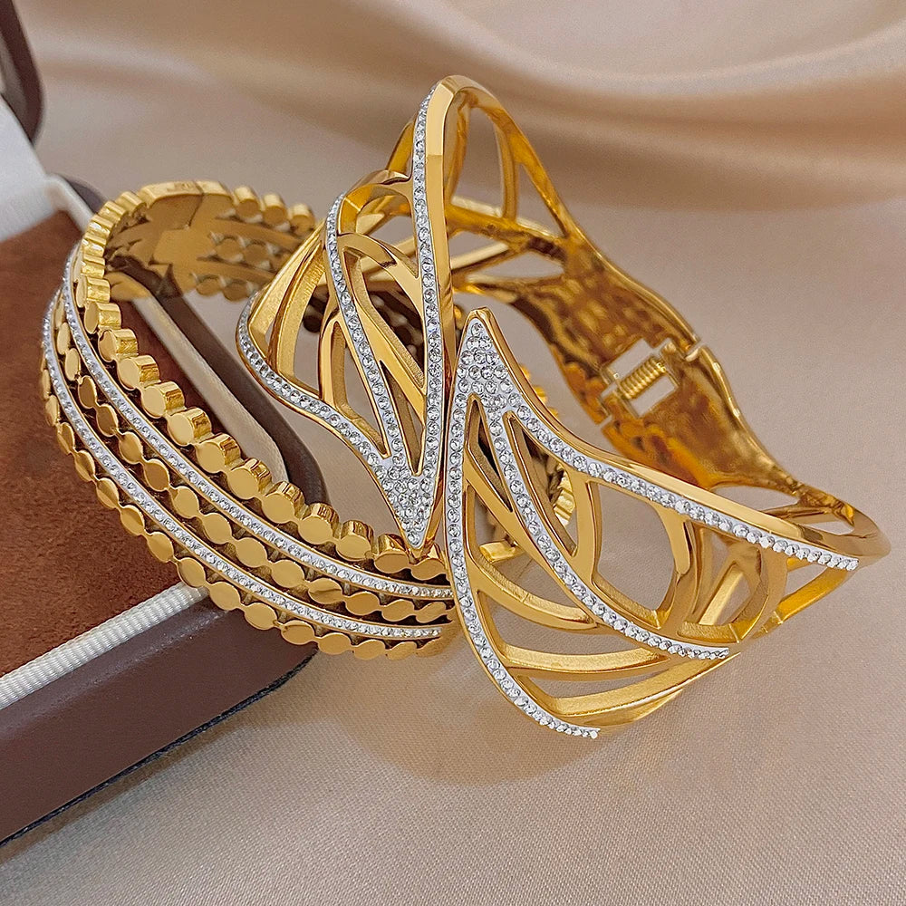 Exaggerated Geometric Zircon Leaf Cuff Bangle Exquisite Gold Plated Stainless Steel Chunky Bracelets Waterproof Jewelry Set