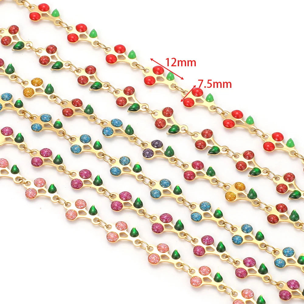Multicolor cherry charm chain with gold links, red and green enamel accents