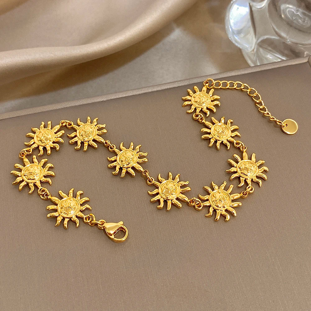 Chic Gold Plated Stainless Steel Bracelet Anklet for Women Fashion Sun Totem Patchwork Bracelets Anklets Waterproof Jewelry