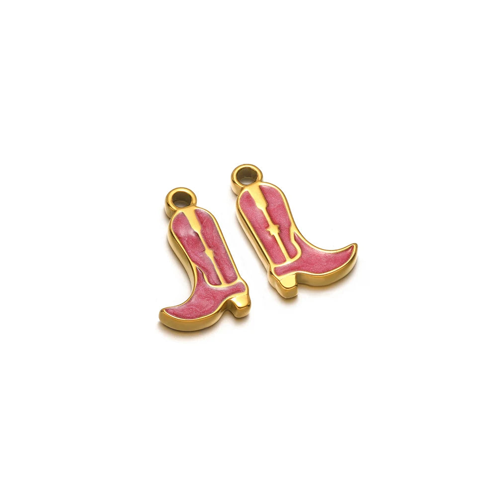 Gold-tone cowboy boot charm with hollow ring, pink enamel, pair of two