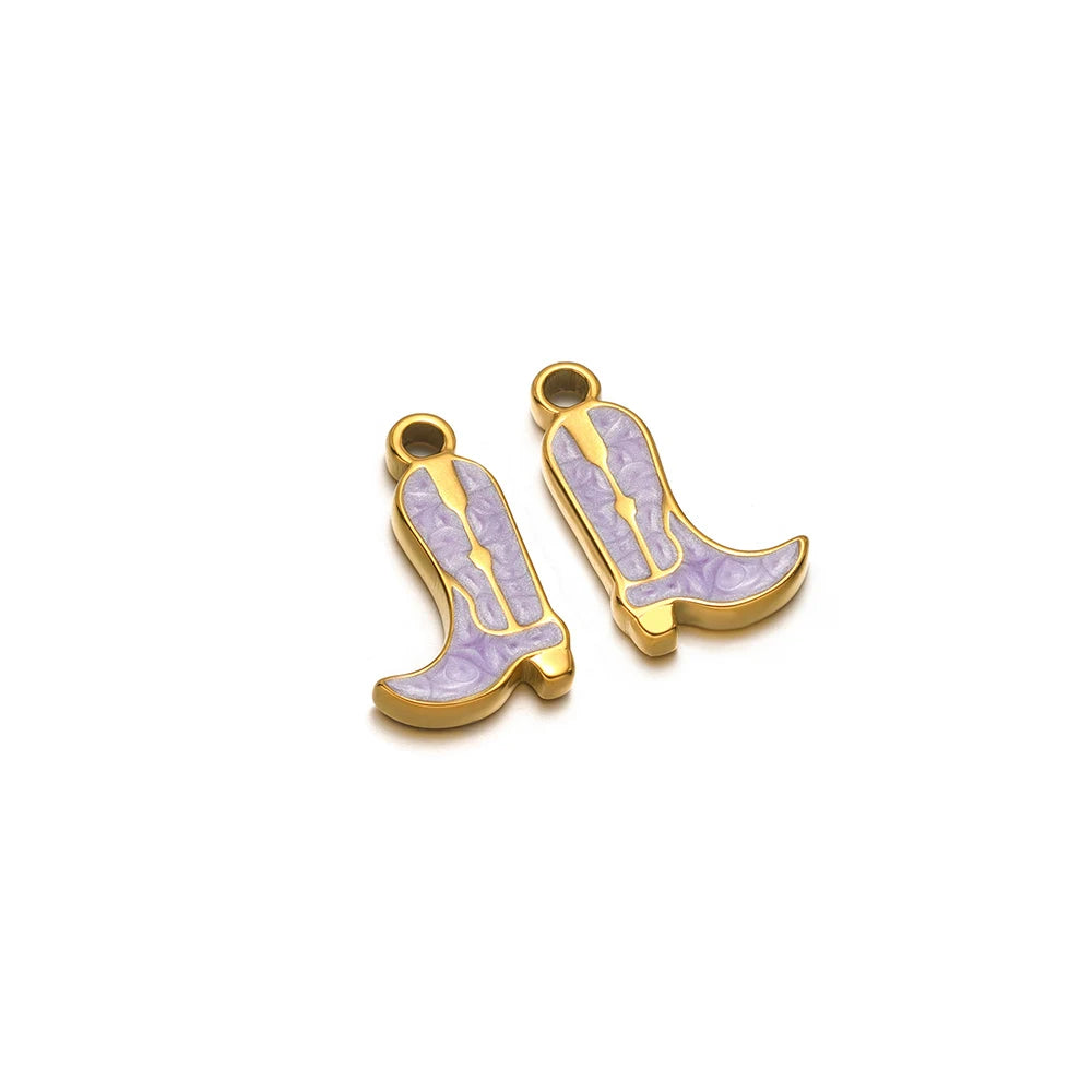 Gold-tone long boot charms with light purple boot outline enamel and top loops
