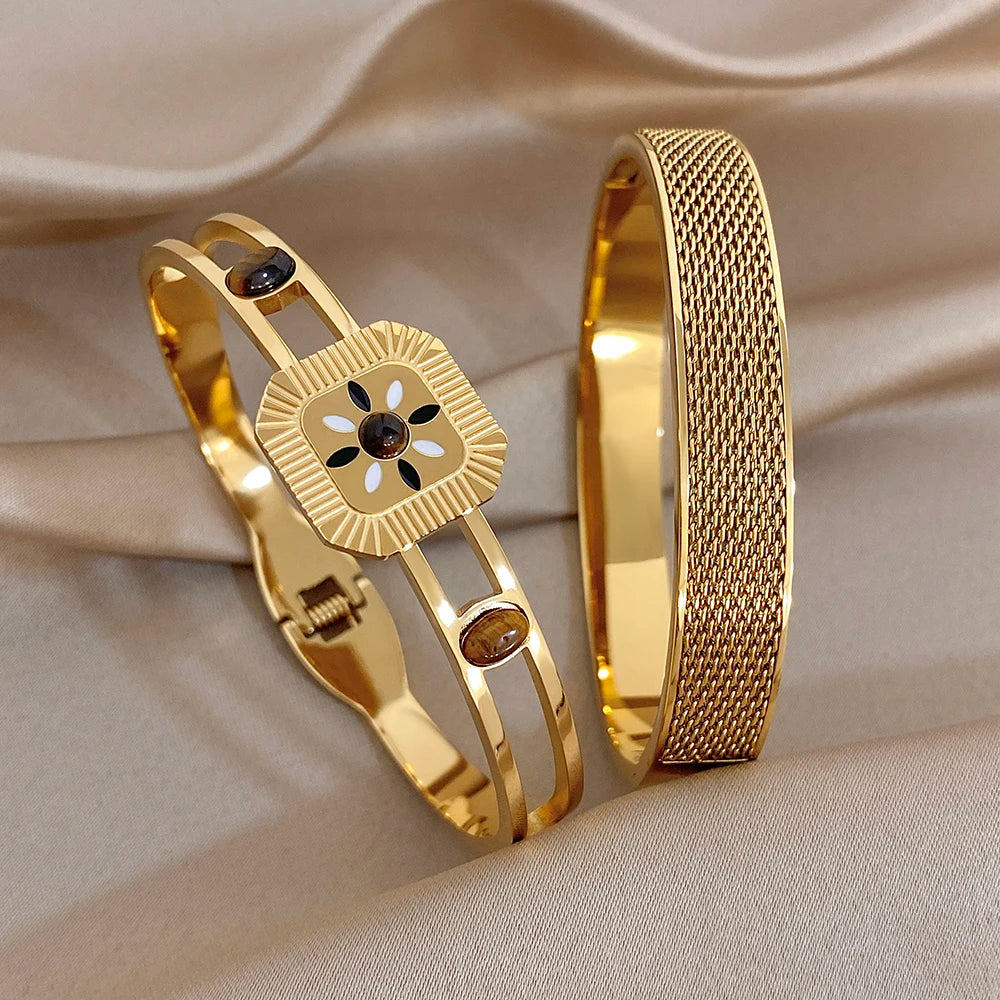 Vintage Natural Stone Geometric Mesh Bracelet for Women Geometric Gold Plated Stainless Steel Cuff Bangles Waterproof Jewelry