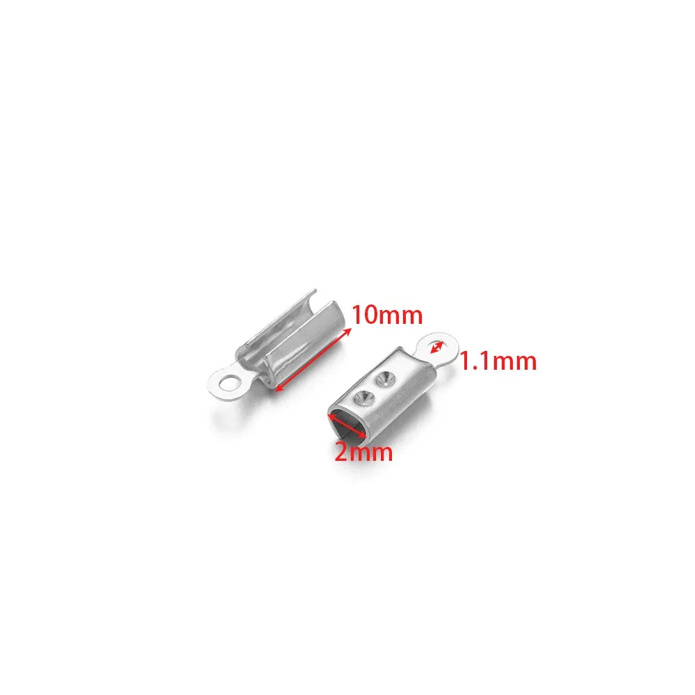 Silver crimp end bead cap with loop, 10mm length, 2mm size, 1.1mm opening