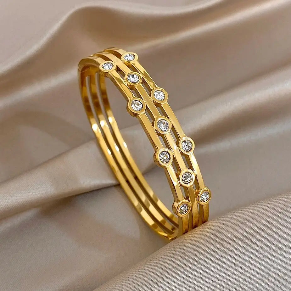 Glossy Zircon Beads Multilayer Wide Bracelets for Women Fashion Gold Plated Stainless Steel Cuff Bangle Waterproof Jewelry