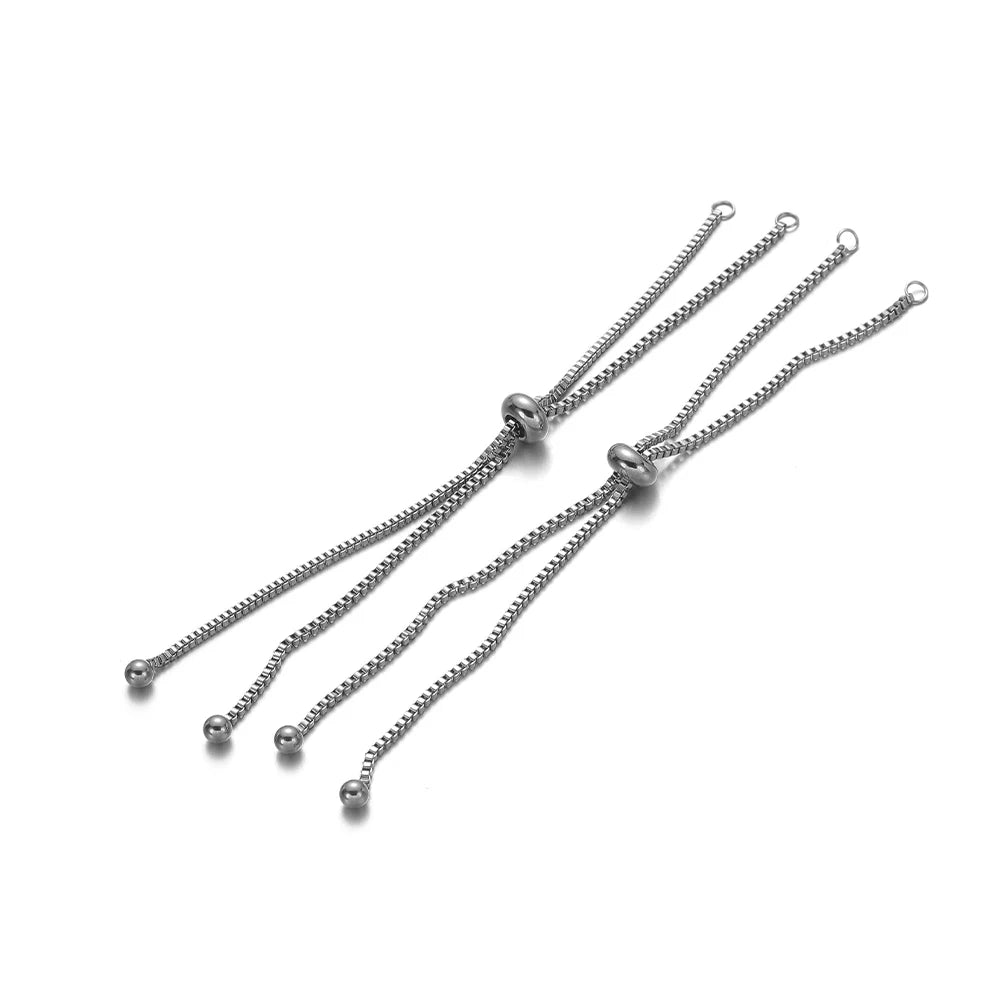Silver adjustable box chain bracelet connector set with round bead ends and hook closures