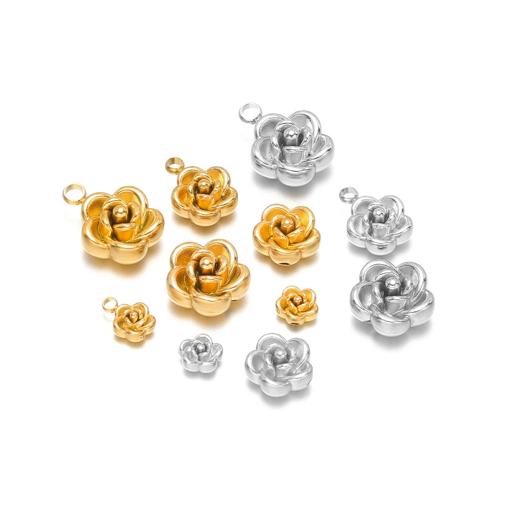 10mm rose flower charm pendants, gold and silver-tone stainless steel, small loop