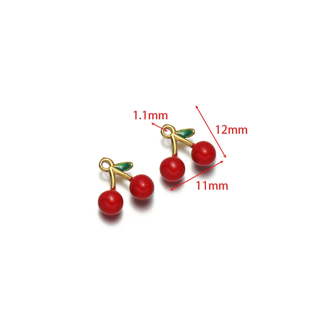Red cherry drip enamel charms with green tops and gold-tone loops, stainless steel