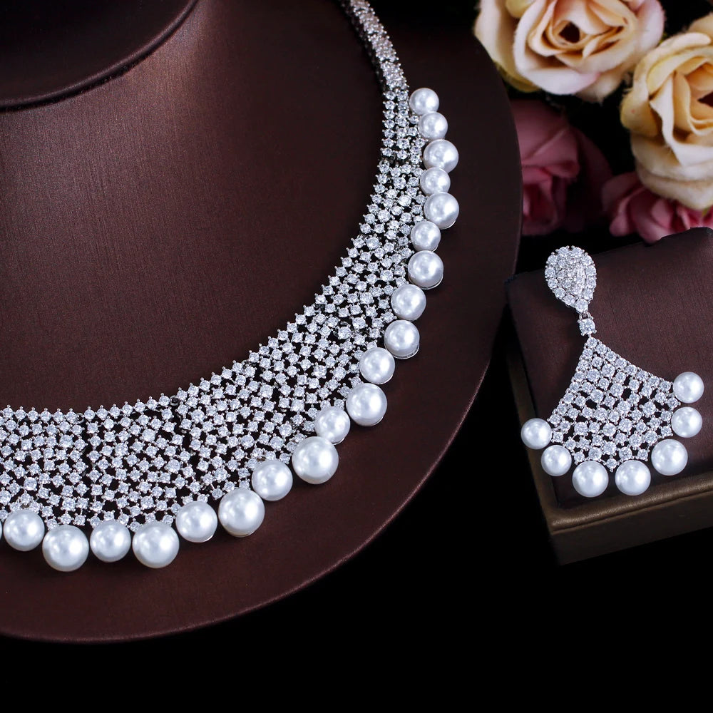 Luxury Handmade Cubic Zirconia Pave Chunky Jewelry Sets for Women Wedding Bridal Pearl Necklace