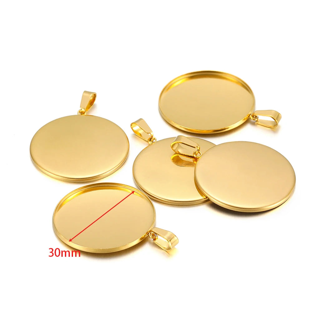 Gold cabochon bezel settings, round trays with top bails, 30mm shown, 10pcs