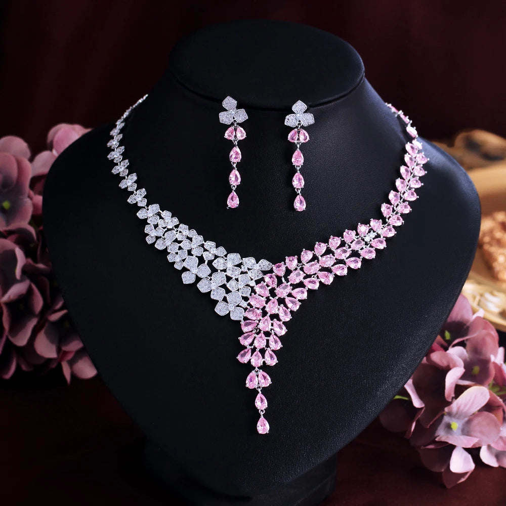 Pink and clear cubic zirconia necklace with matching drop earrings